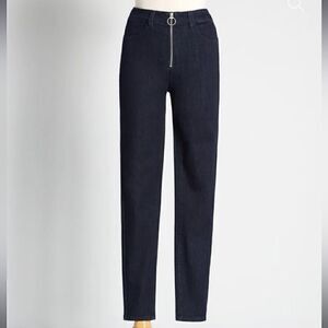 Modcloth By All Means Exposed Zip Skinny Jeans High Waist Dark Blue Indigo M